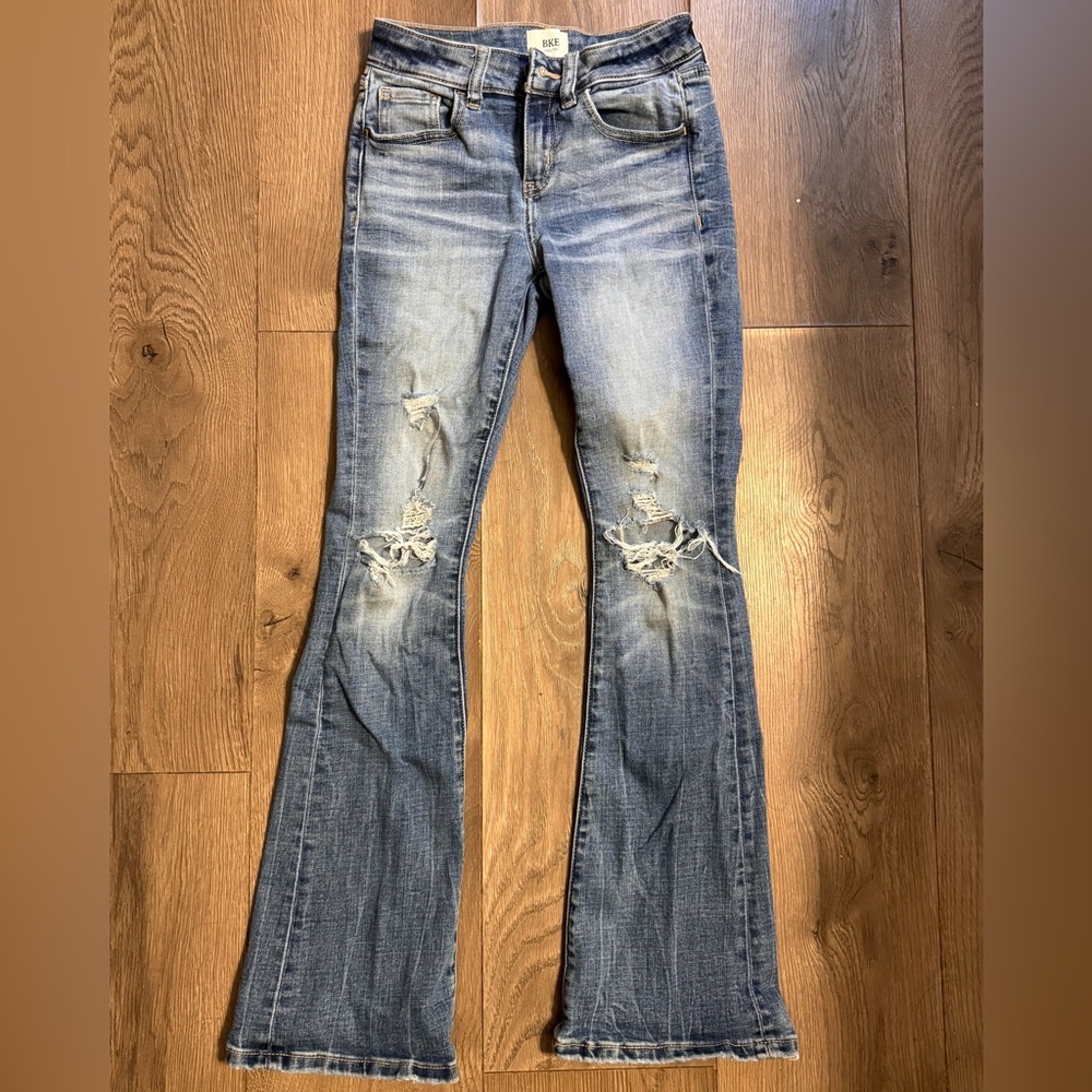 BKE Blue Bootcut Jeans with Distressed Detailing